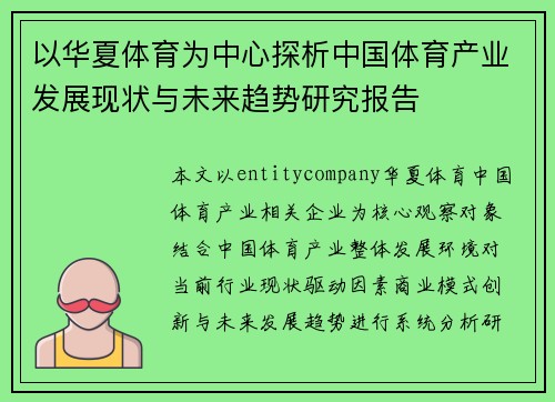 以华夏体育为中心探析中国体育产业发展现状与未来趋势研究报告 以华夏体育为中心探析中国体育产业发展现状与未来趋势研究报告